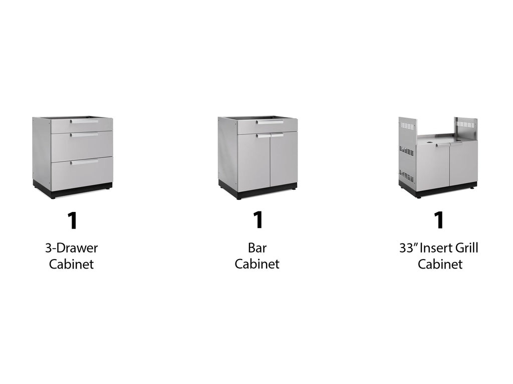 NewAge Outdoor Kitchen 3-Piece Cabinet Set with 3-Drawer, Bar and 33in Grill Cabinet