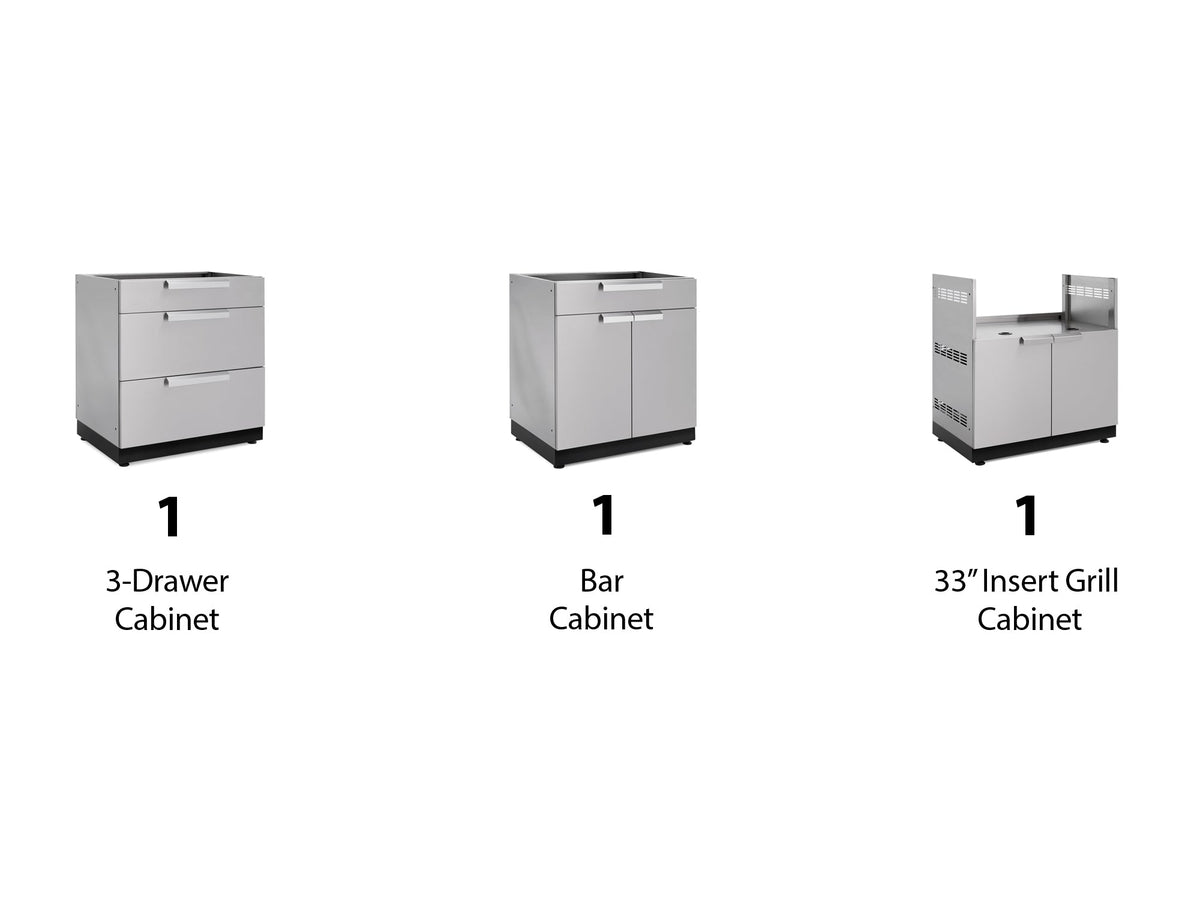 NewAge Outdoor Kitchen 3-Piece Cabinet Set with 3-Drawer, Bar and 33in Grill Cabinet