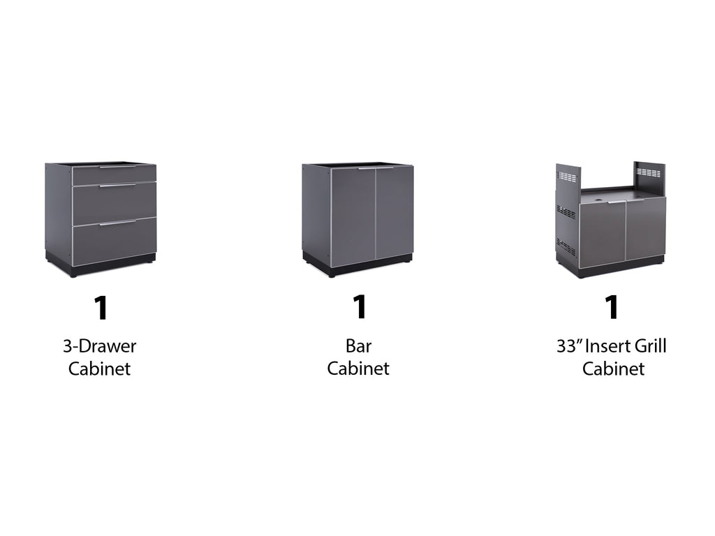 NewAge Outdoor Kitchen 3-Piece Cabinet Set with 3-Drawer, Bar and 33in Grill Cabinet